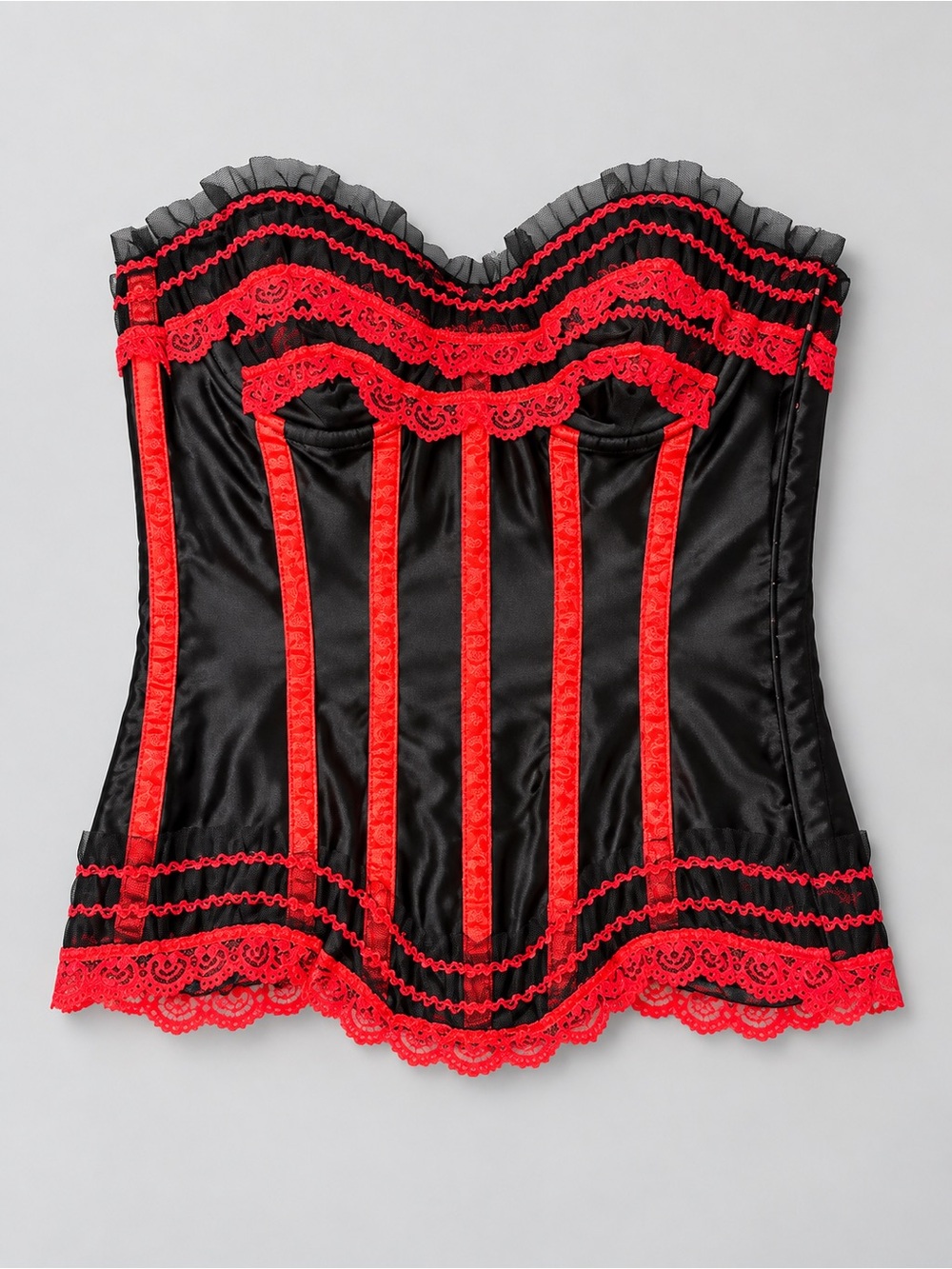 Black & Red Lace Strapless Satin Corset Bustier